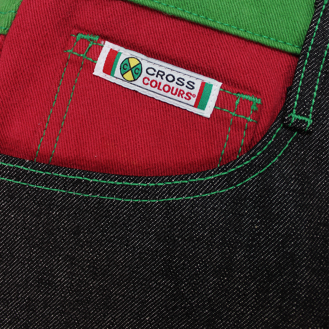 Cross Colours Color Block Suede Wash Jeans - Black/Red/Green